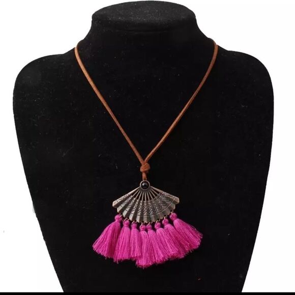 Fun Long Pink Tassel Necklace w/ Brown Cord - Picture 1 of 7